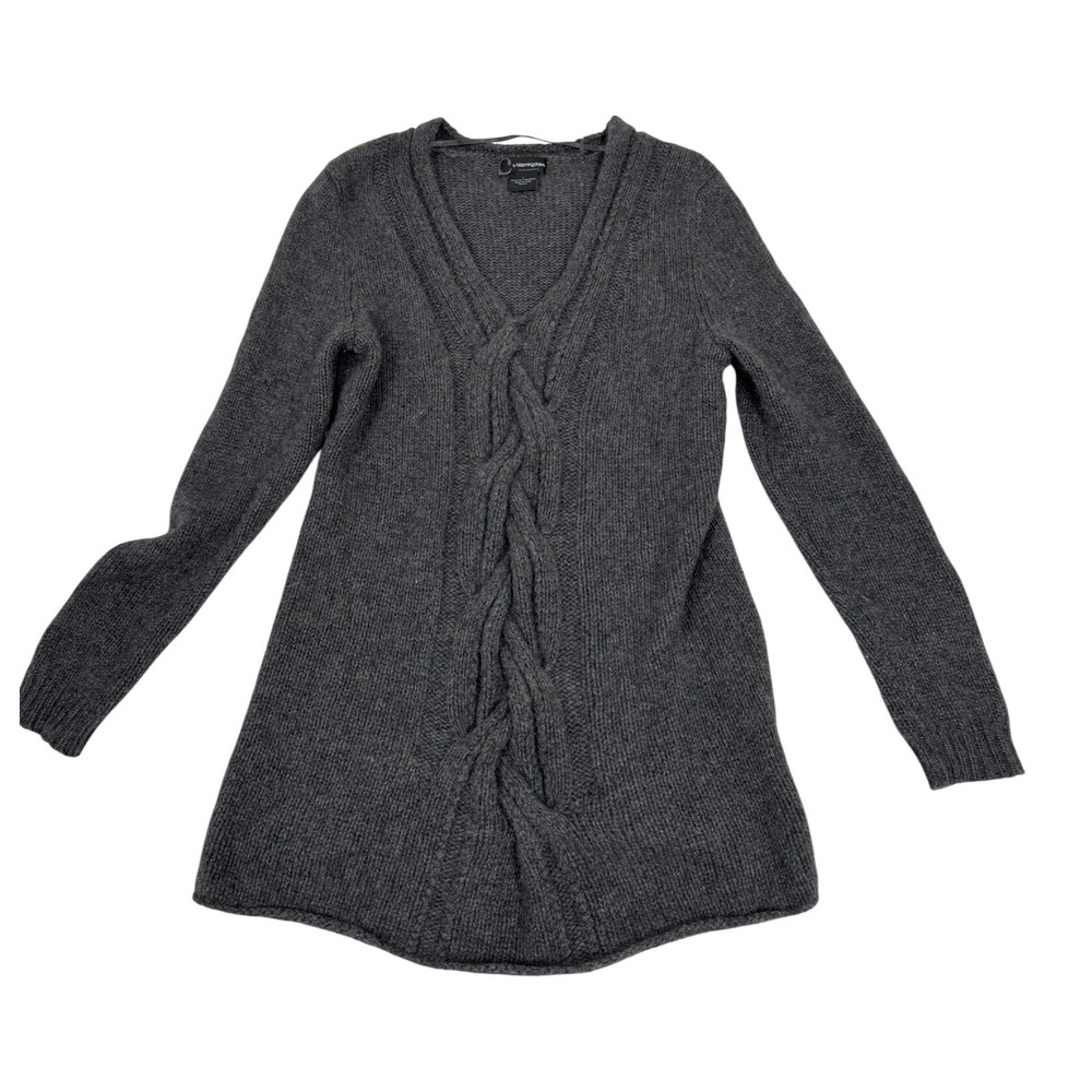 C by Bloomingdales Cashmere Sweater Gray V-Neck Cable Knit Tunic Womens Large